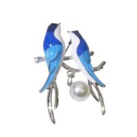 Брошь "Стрижи" (бело-синяя в серебре)