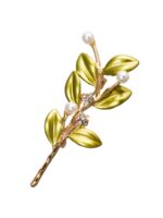 Брошь "Веточка с жемчугом" (бело-зелёная в золоте)